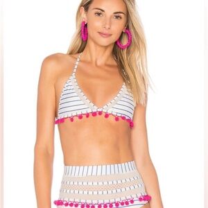 Tularosa Blue and White Striped High Waist Bikini with Pink Pom-Poms